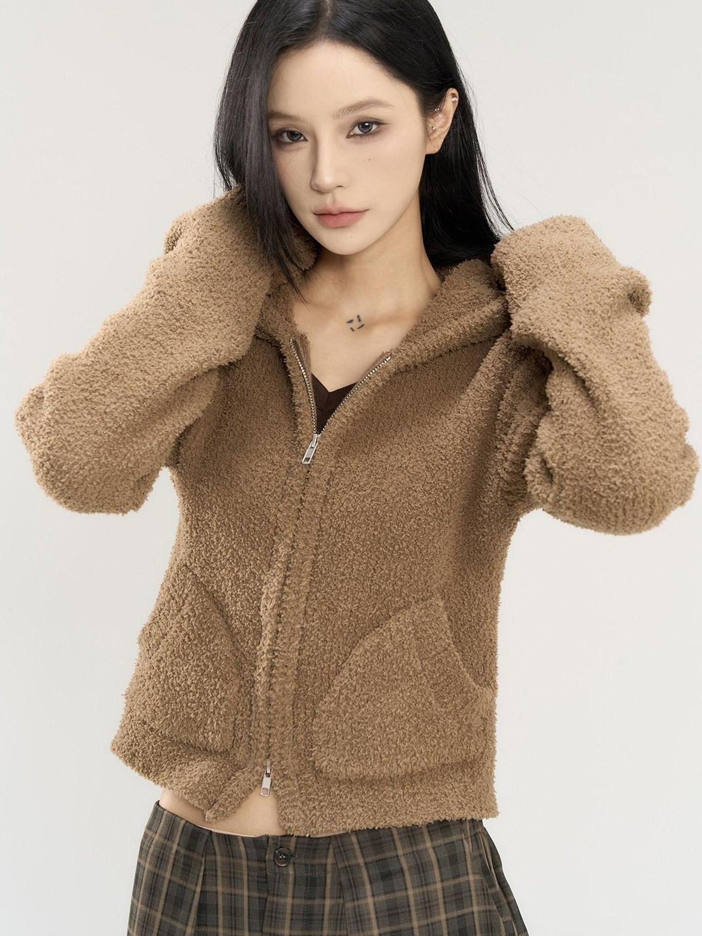 CrushOnit Hooded Cropped Regular Fit Young Women Commuter Brown Long Sleeve Short Coat