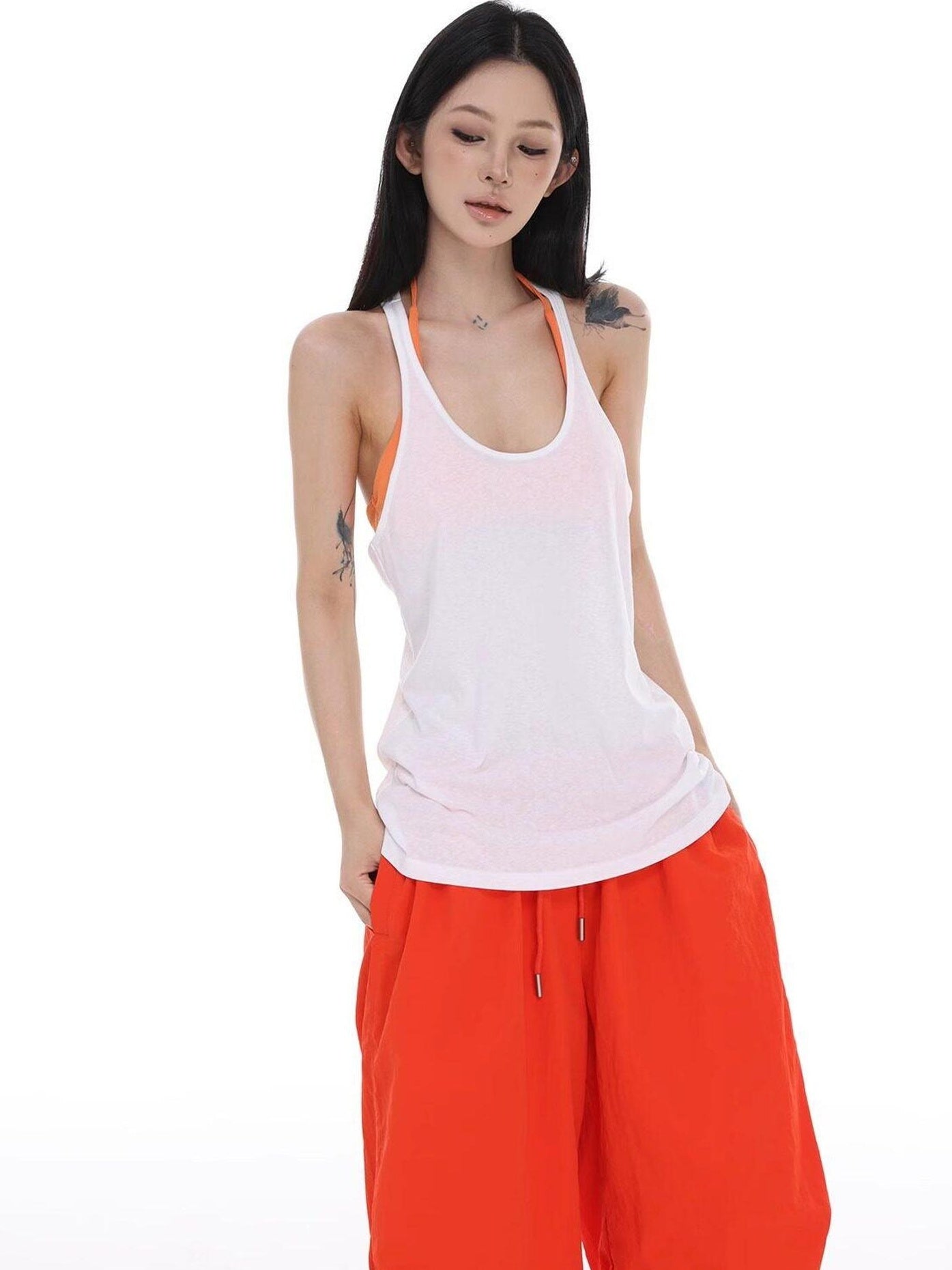 CrushOnit Lightweight 100% Cotton Straight Fit Racerback White Basic Tank Tops