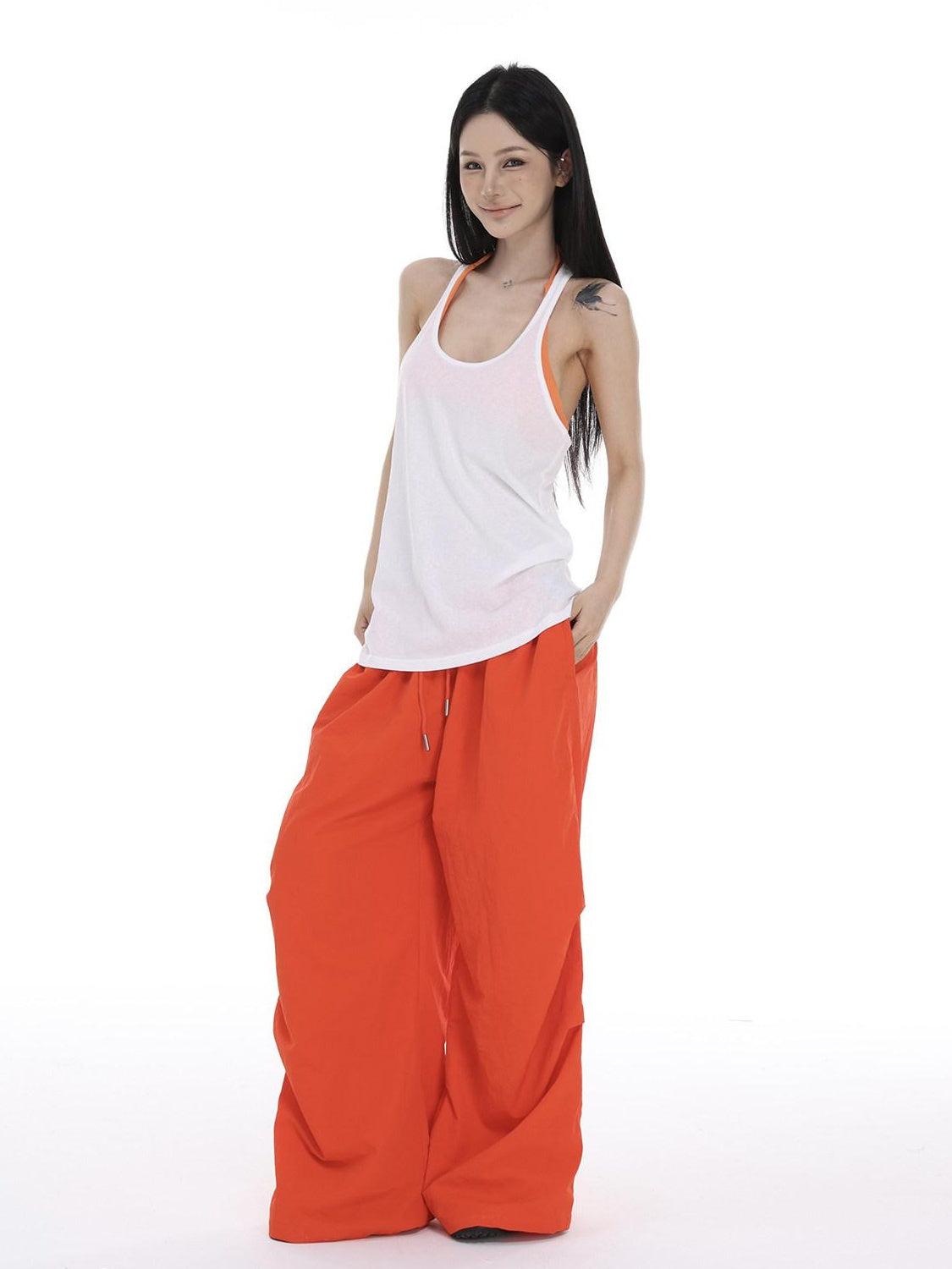 CrushOnit Minimal Street Cargo Elastic Natural Waist Orange Red Wide Leg Pants