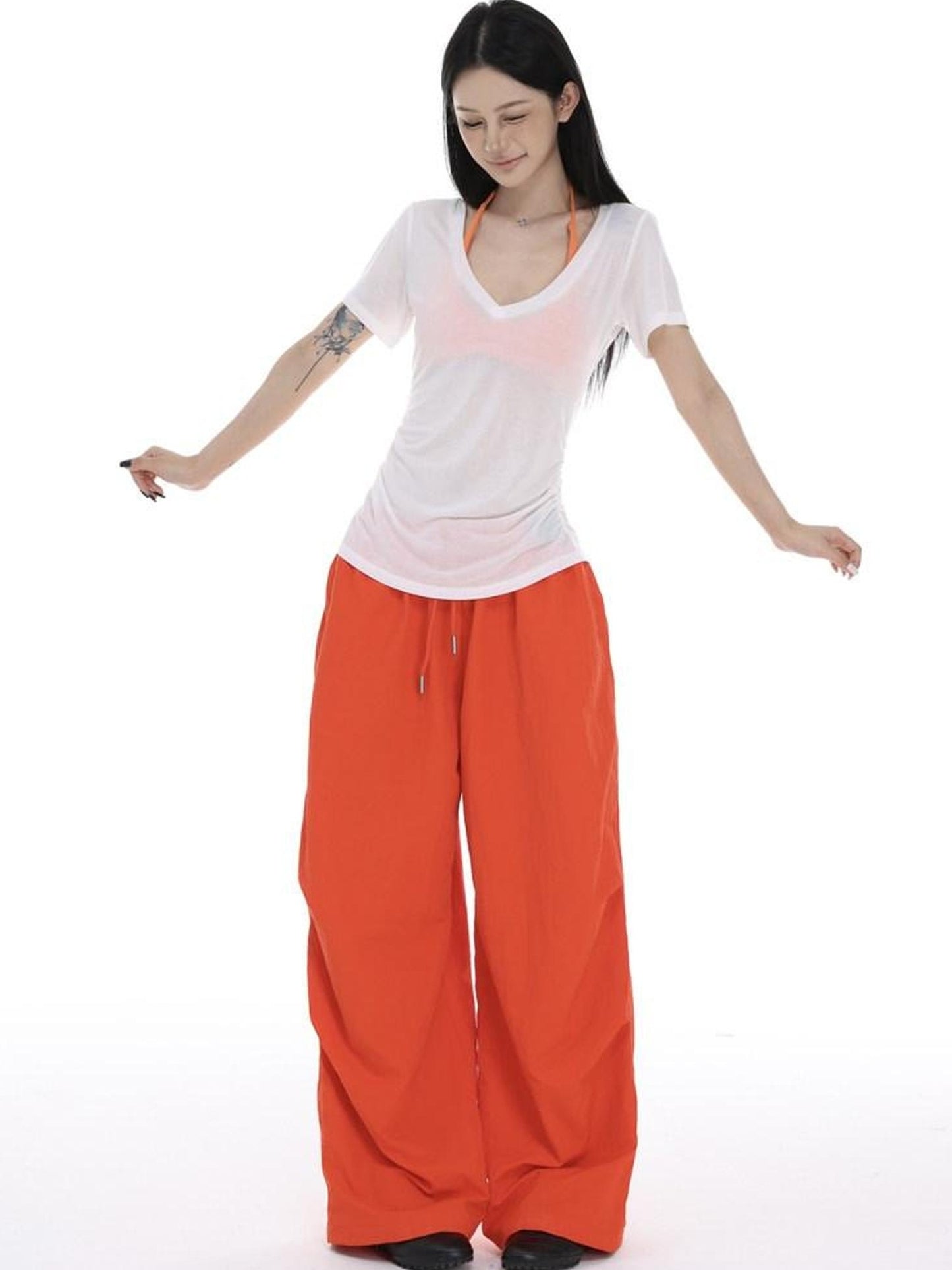 CrushOnit Minimal Street Cargo Elastic Natural Waist Orange Red Wide Leg Pants
