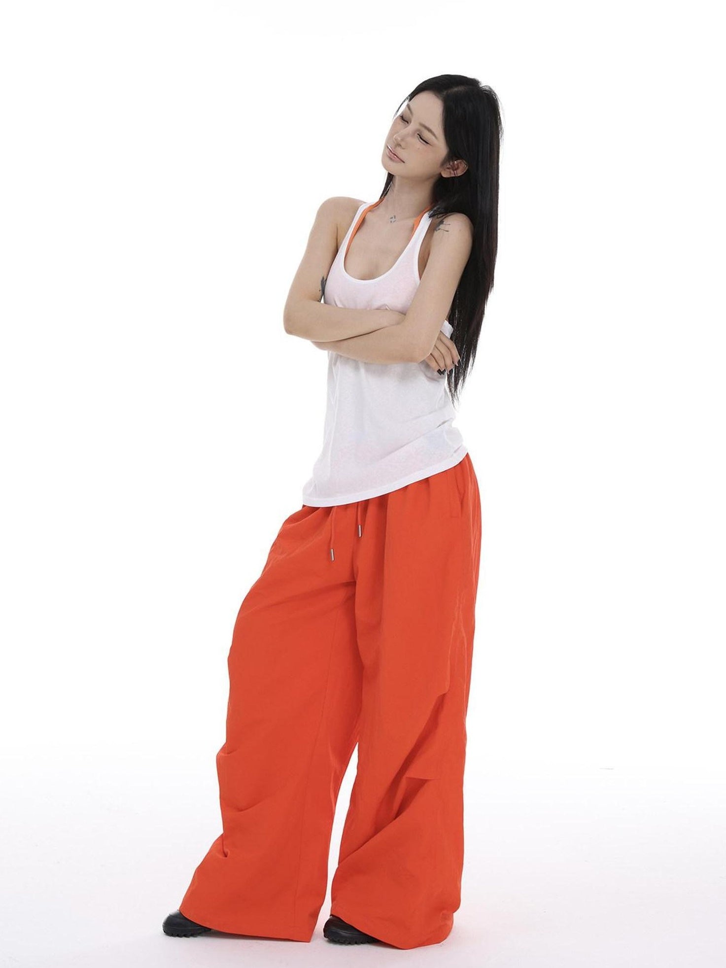 CrushOnit Minimal Street Cargo Elastic Natural Waist Orange Red Wide Leg Pants