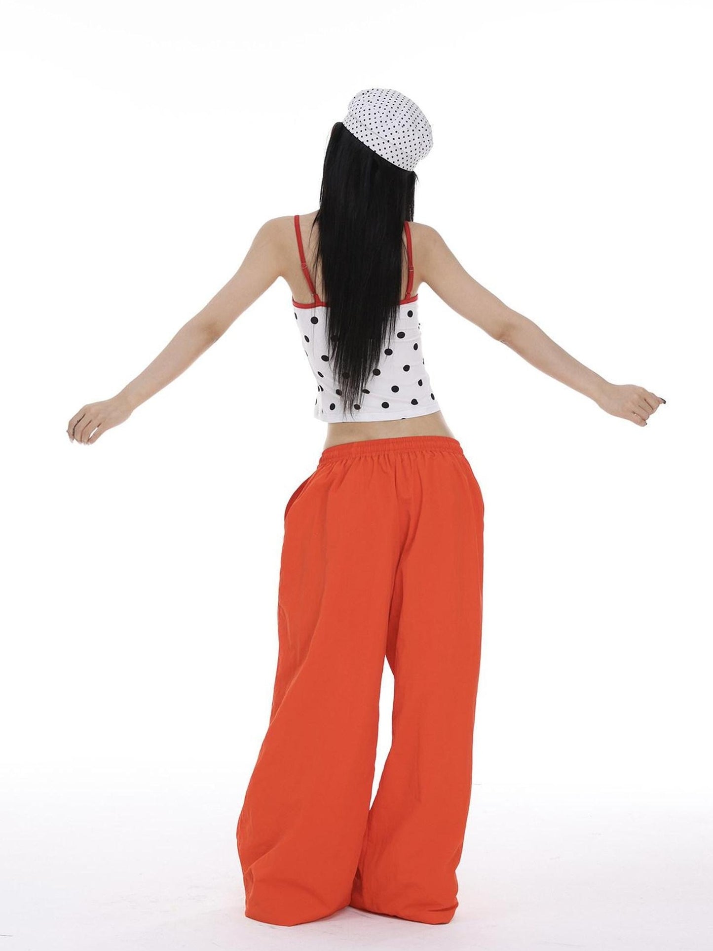 CrushOnit Minimal Street Cargo Elastic Natural Waist Orange Red Wide Leg Pants