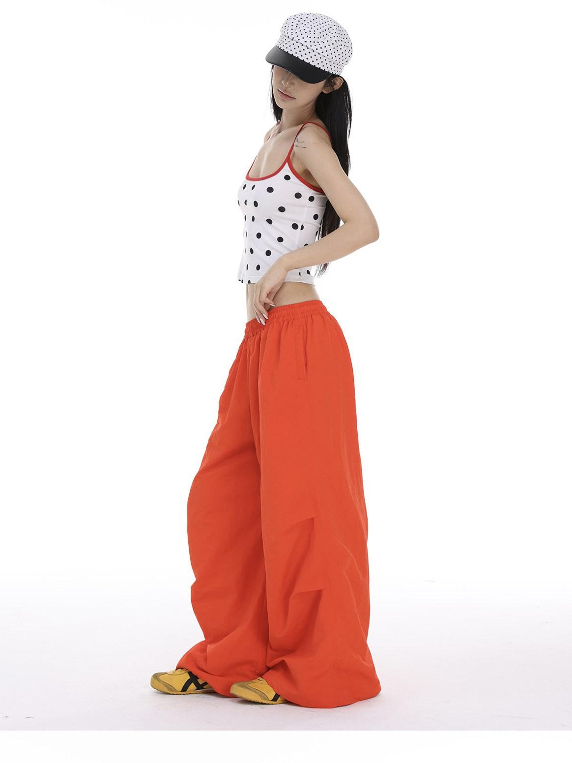 CrushOnit Minimal Street Cargo Elastic Natural Waist Orange Red Wide Leg Pants