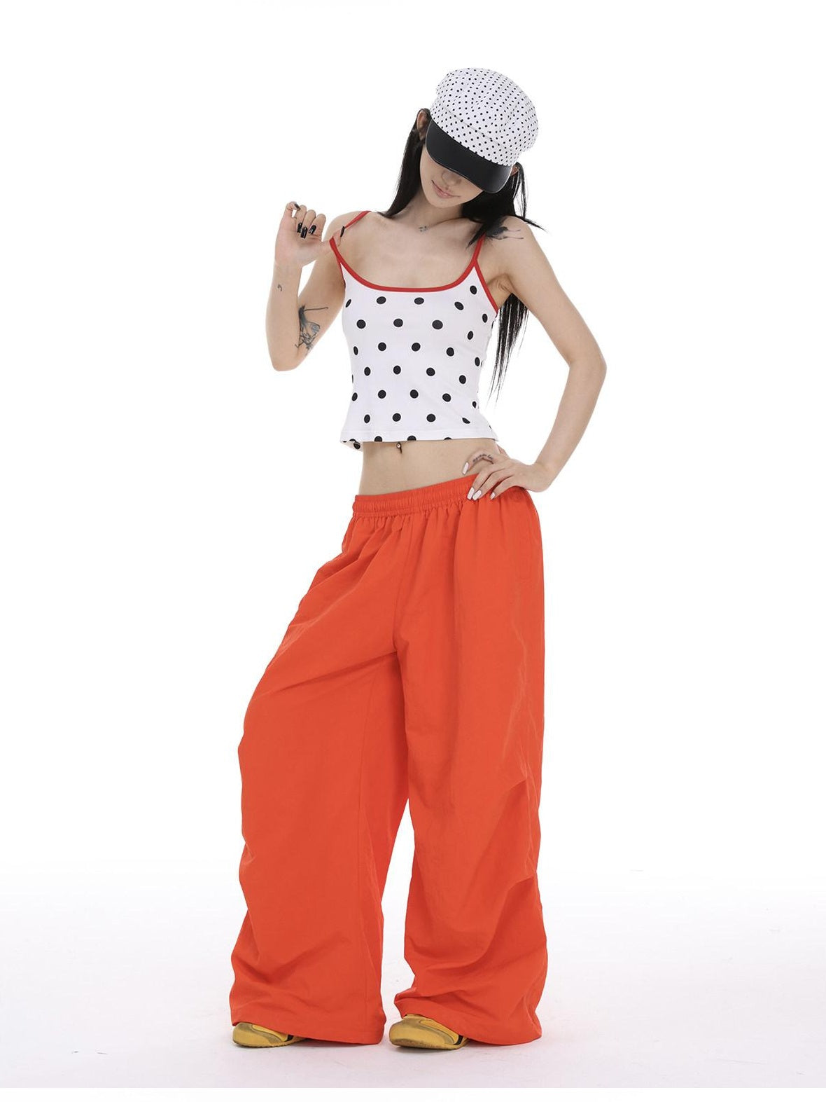 CrushOnit Minimal Street Cargo Elastic Natural Waist Orange Red Wide Leg Pants