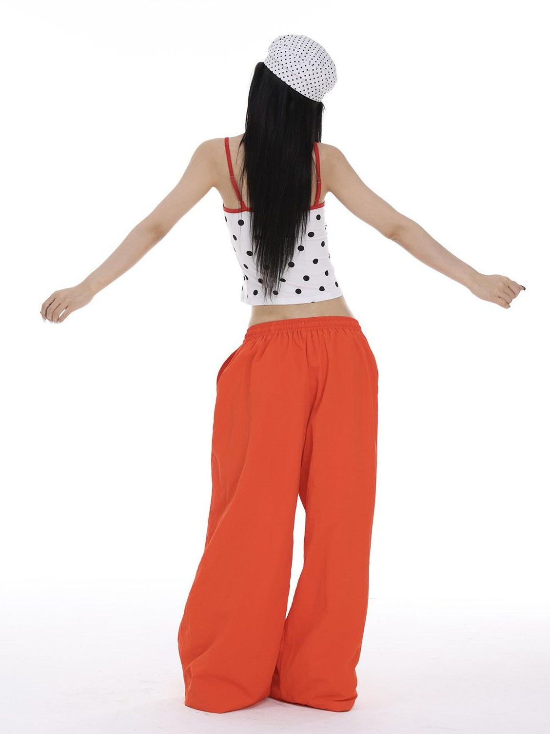 CrushOnit Minimal Street Cargo Elastic Natural Waist Orange Red Wide Leg Pants