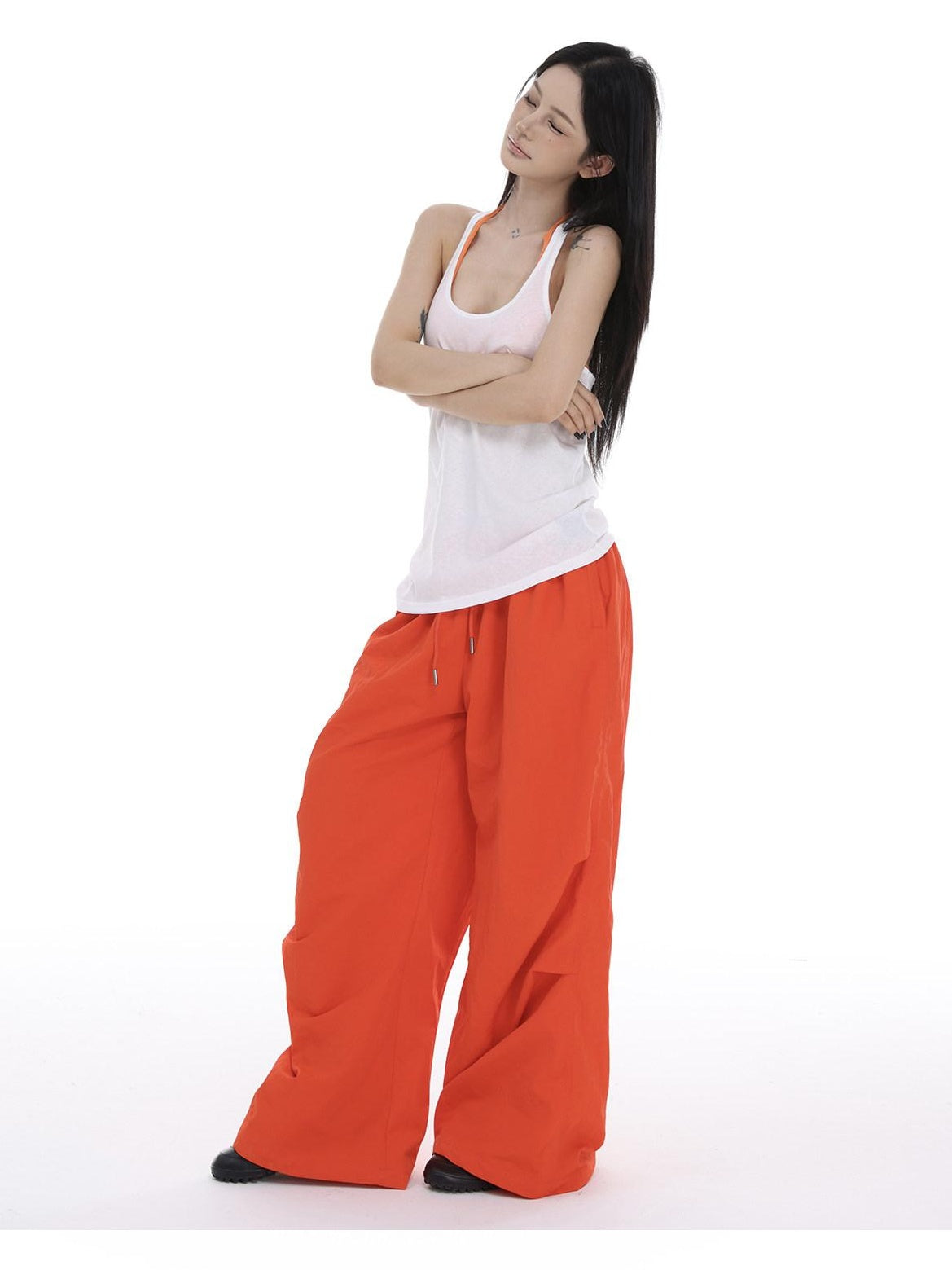CrushOnit Minimal Street Cargo Elastic Natural Waist Orange Red Wide Leg Pants