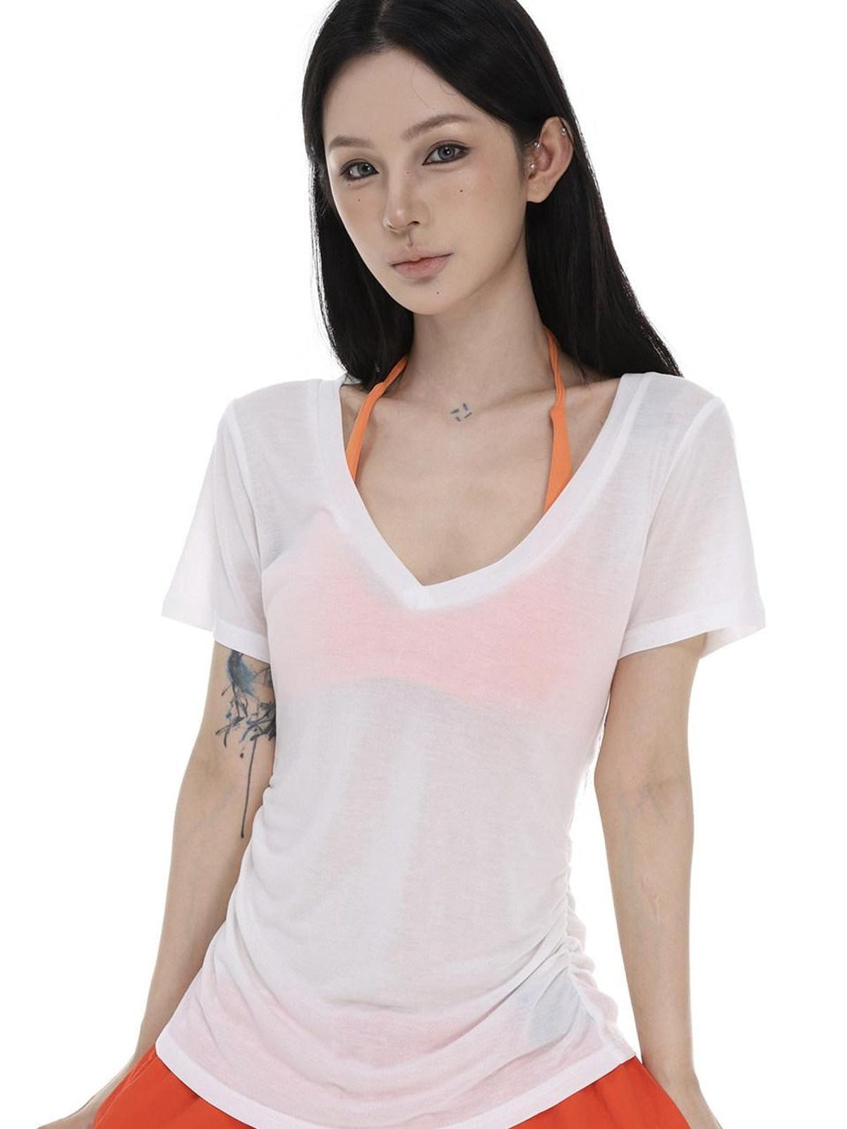 CrushOnit Moisture Wicking Cotton Slim Vneck Drawstring White Short Sleeve T-Shirts
