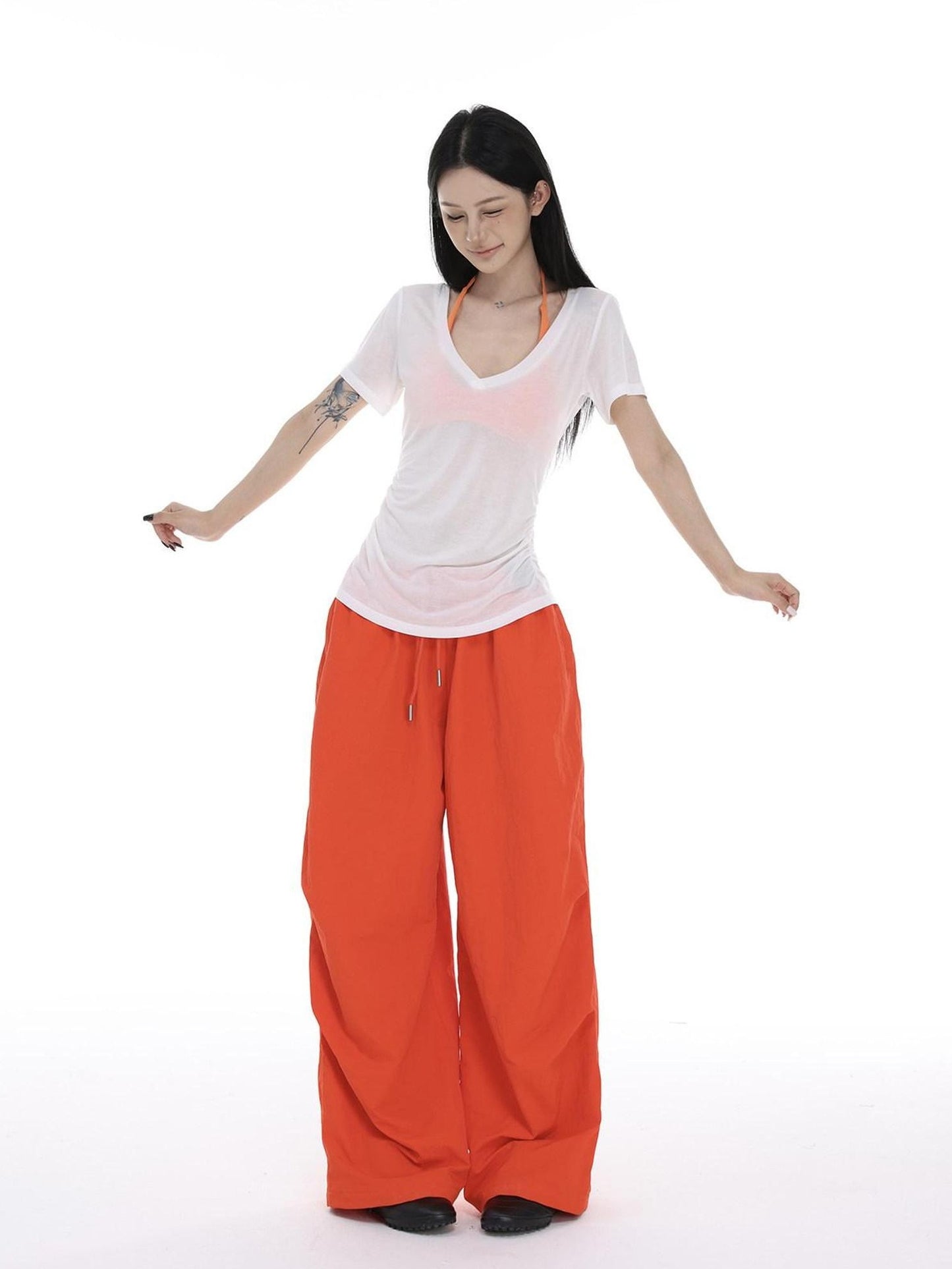 CrushOnit Moisture Wicking Cotton Slim Vneck Drawstring White Short Sleeve T-Shirts