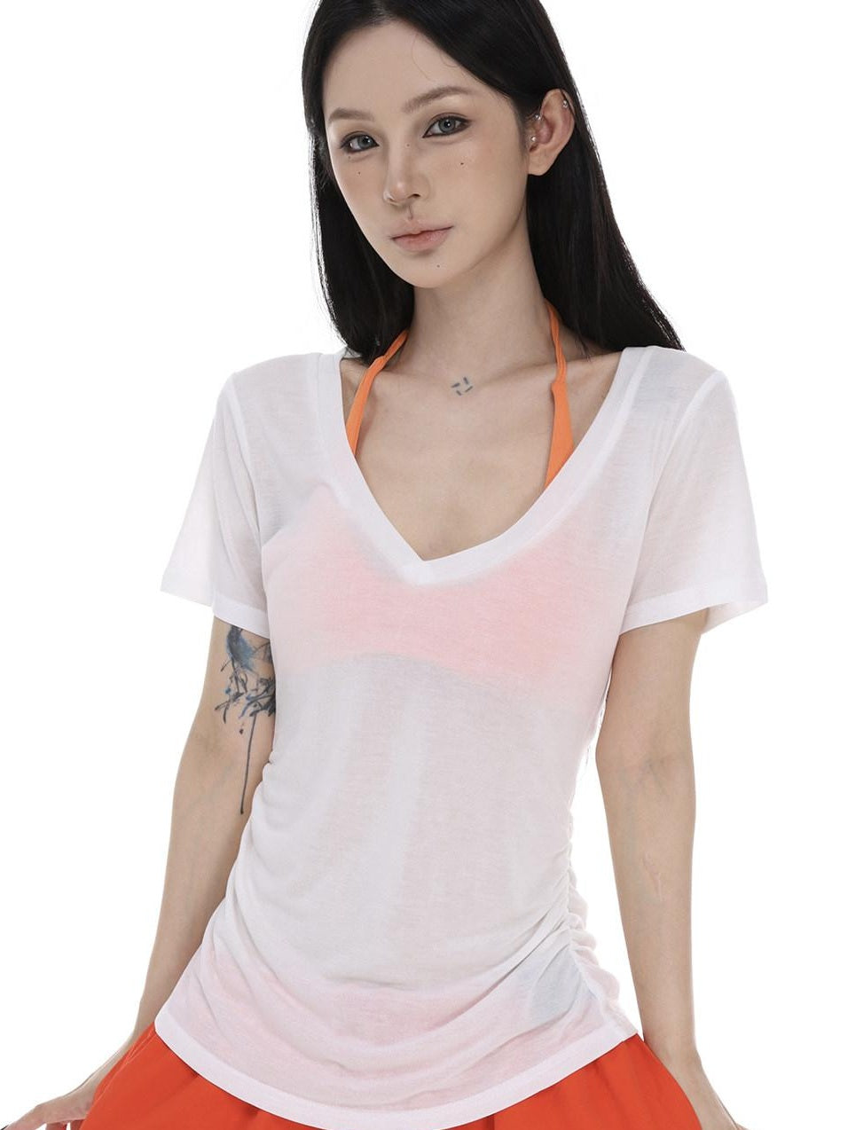 CrushOnit Moisture Wicking Cotton Slim Vneck Drawstring White Short Sleeve T-Shirts
