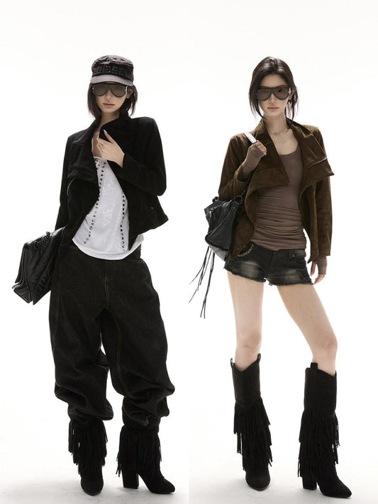 CrushOnit Original Design Slim Fit Suede Zipper Detail Women Windproof Leather Jackets