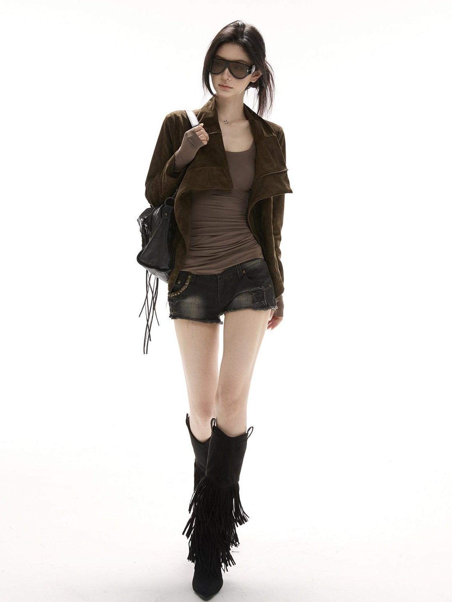 CrushOnit Original Design Slim Fit Suede Zipper Detail Women Windproof Leather Jackets
