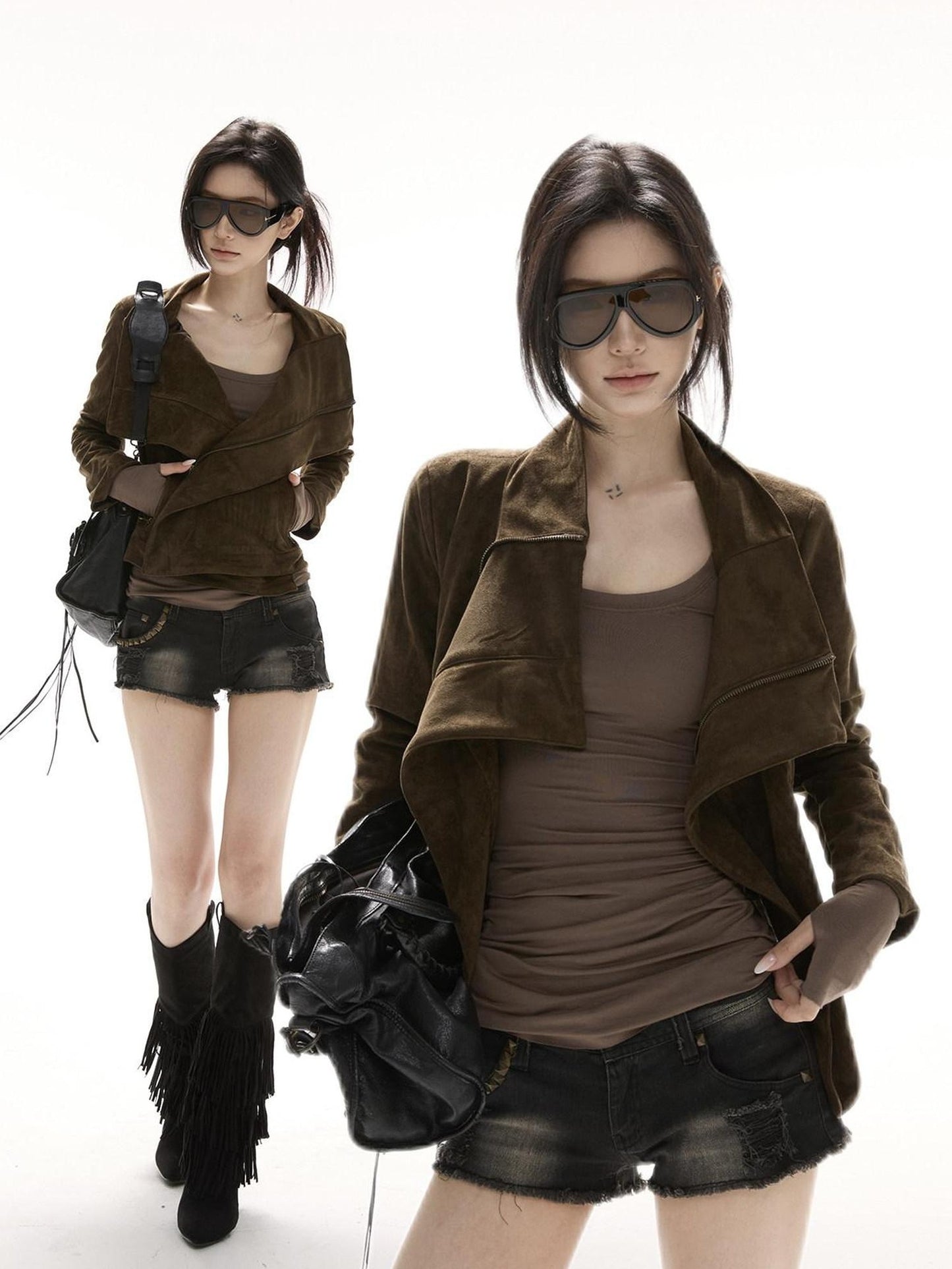 CrushOnit Original Design Slim Fit Suede Zipper Detail Women Windproof Leather Jackets