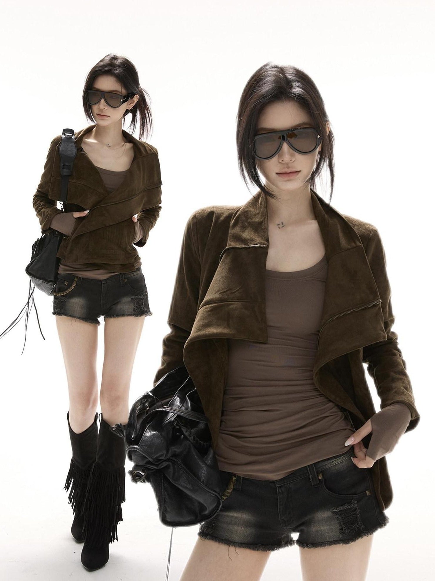CrushOnit Original Design Slim Fit Suede Zipper Detail Women Windproof Leather Jackets