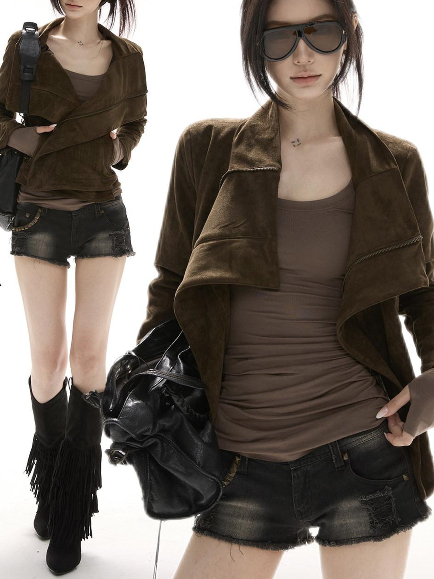 CrushOnit Original Design Slim Fit Suede Zipper Detail Women Windproof Leather Jackets