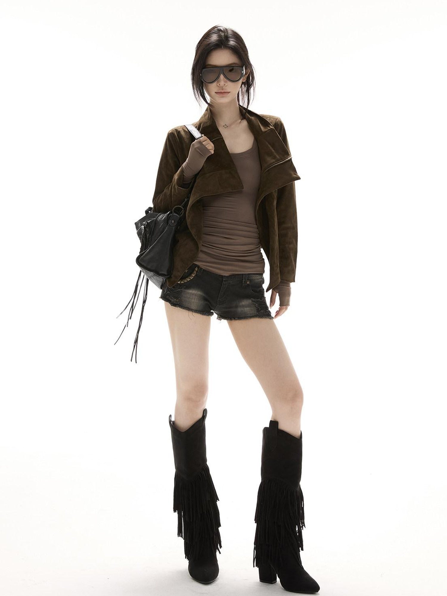 CrushOnit Original Design Slim Fit Suede Zipper Detail Women Windproof Leather Jackets
