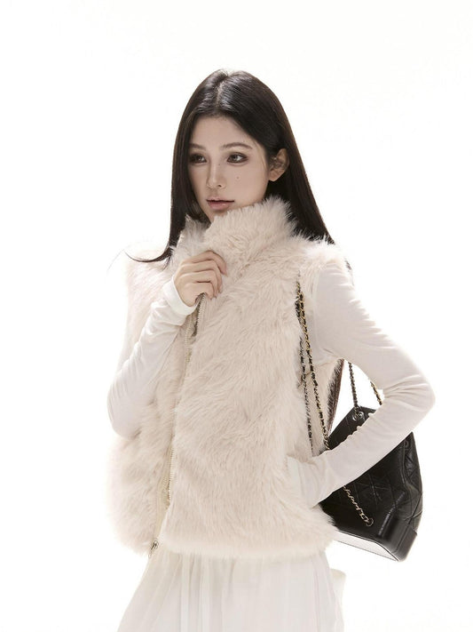 CrushOnit Reversible Faux Fur Polo Collar Zipper Retro Women White Tank Tops
