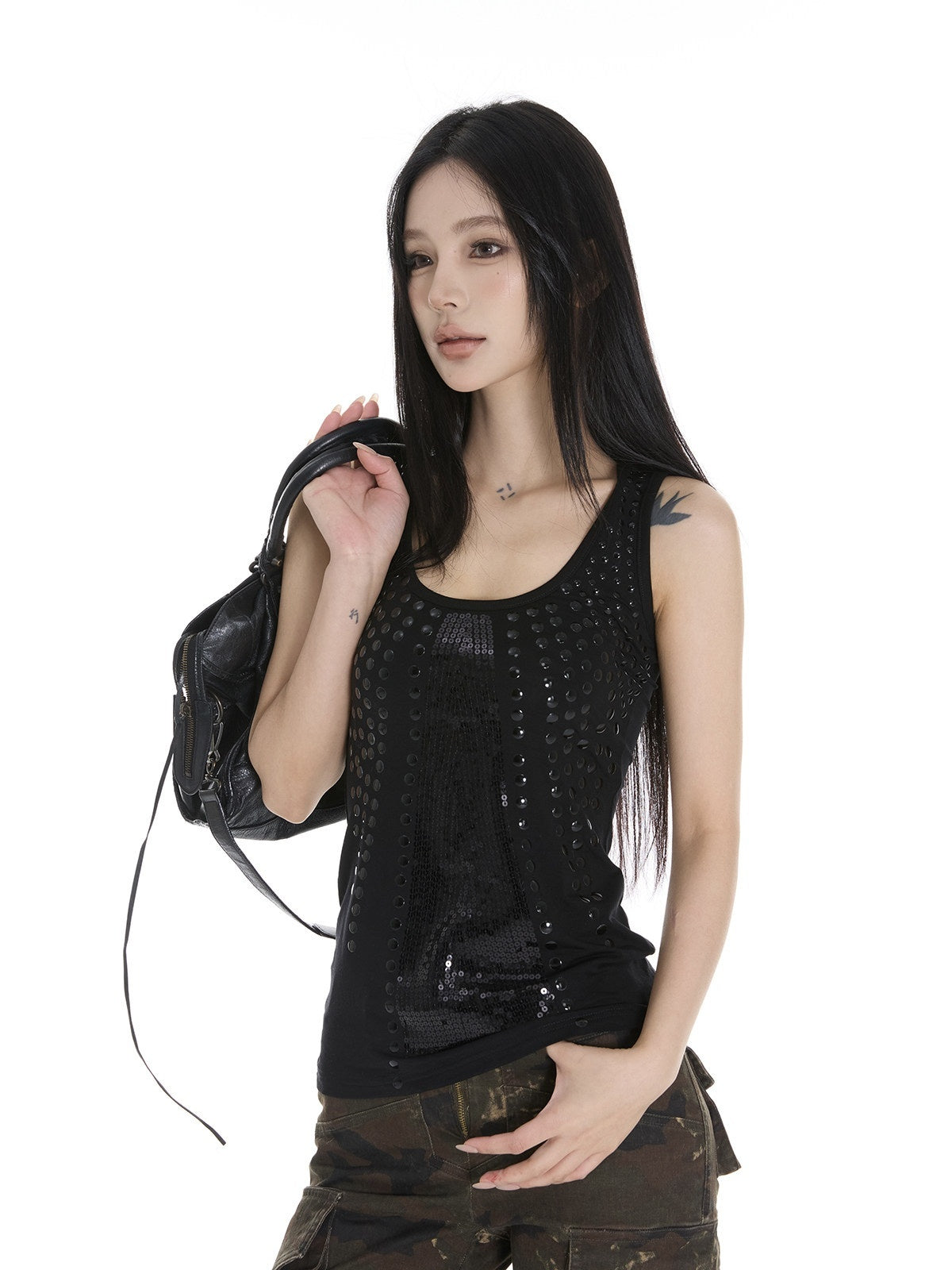 CrushOnit_Rhinestone_Sequin_Original_Strappy_Women_Cotton_Lightweight_Black_White_Tank_Tops_MISSTT