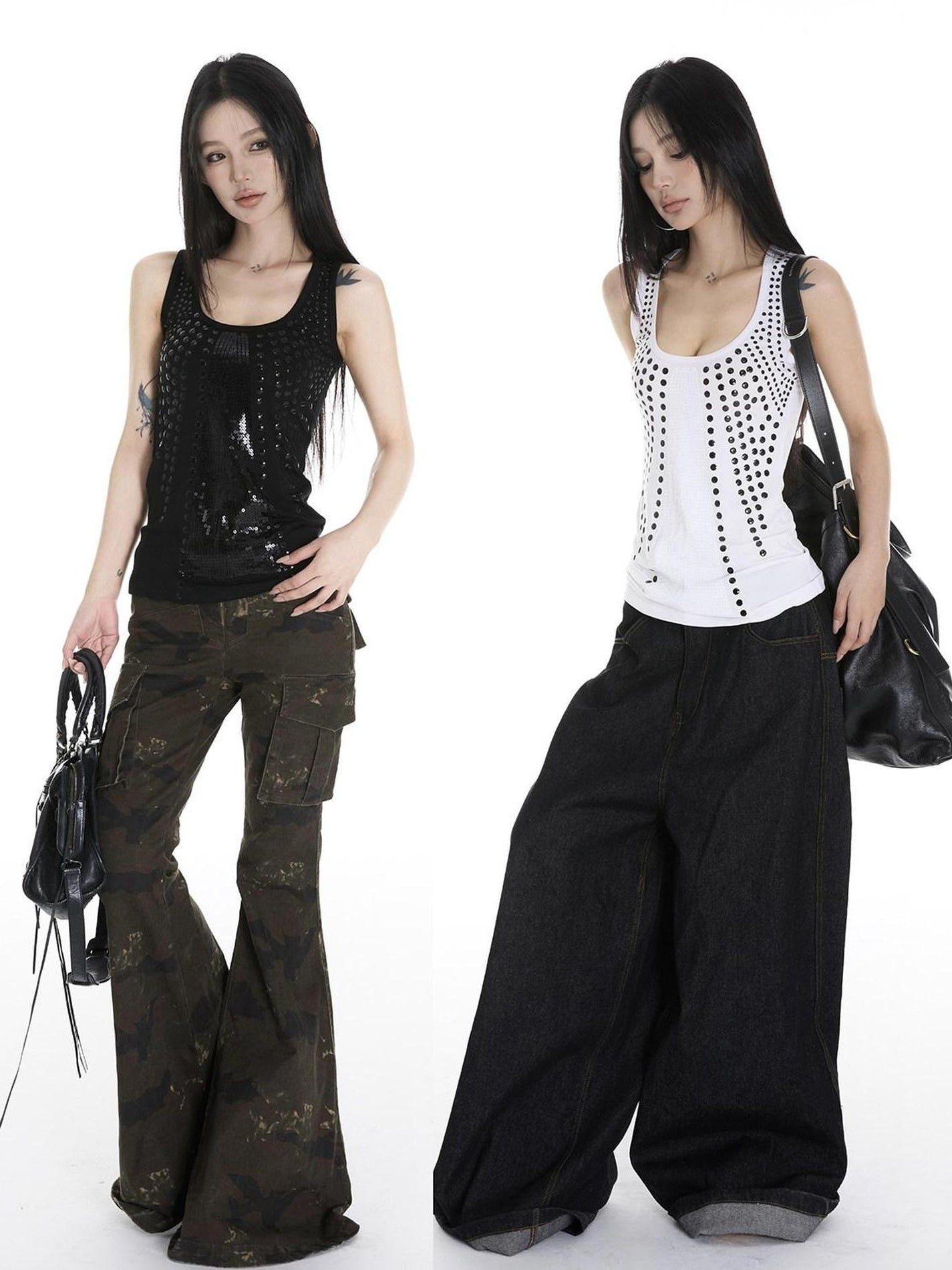 CrushOnit Rhinestone Sequin Original Strappy Women Cotton Lightweight Black White Tank Tops