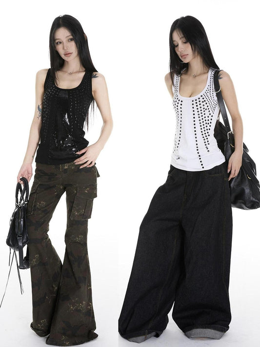 CrushOnit Rhinestone Sequin Original Strappy Women Cotton Lightweight Black White Tank Tops