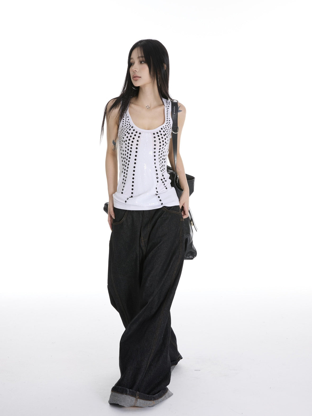 CrushOnit Rhinestone Sequin Original Strappy Women Cotton Lightweight Black White Tank Tops