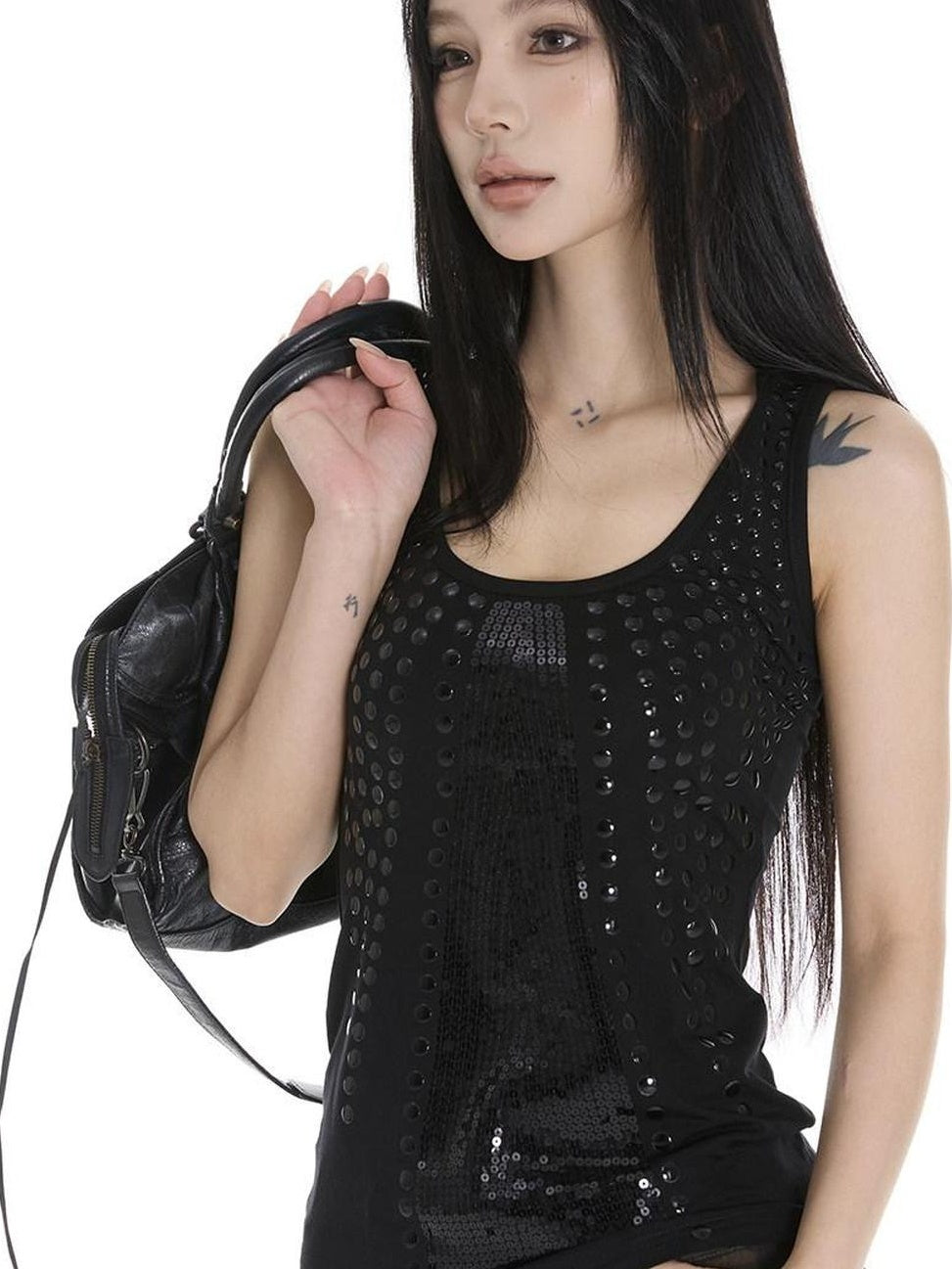 CrushOnit Rhinestone Sequin Original Strappy Women Cotton Lightweight Black White Tank Tops