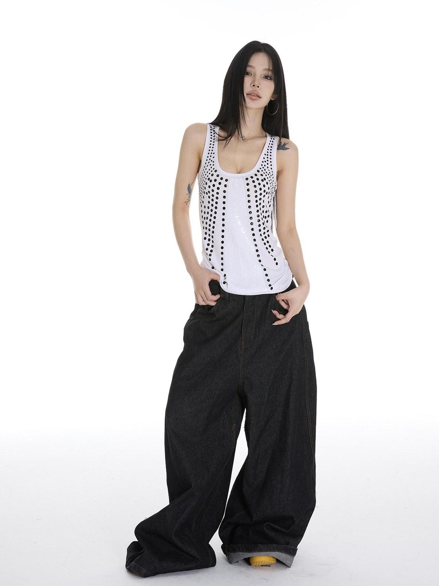 CrushOnit Rhinestone Sequin Original Strappy Women Cotton Lightweight Black White Tank Tops