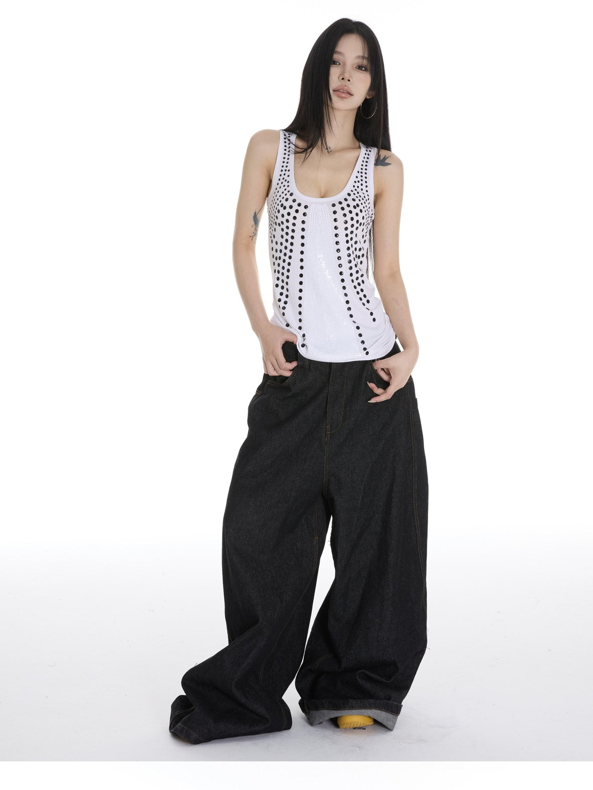 CrushOnit Rhinestone Sequin Original Strappy Women Cotton Lightweight Black White Tank Tops