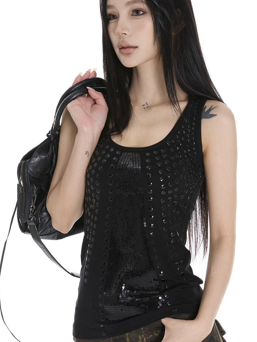 CrushOnit Rhinestone Sequin Original Strappy Women Cotton Lightweight Black White Tank Tops