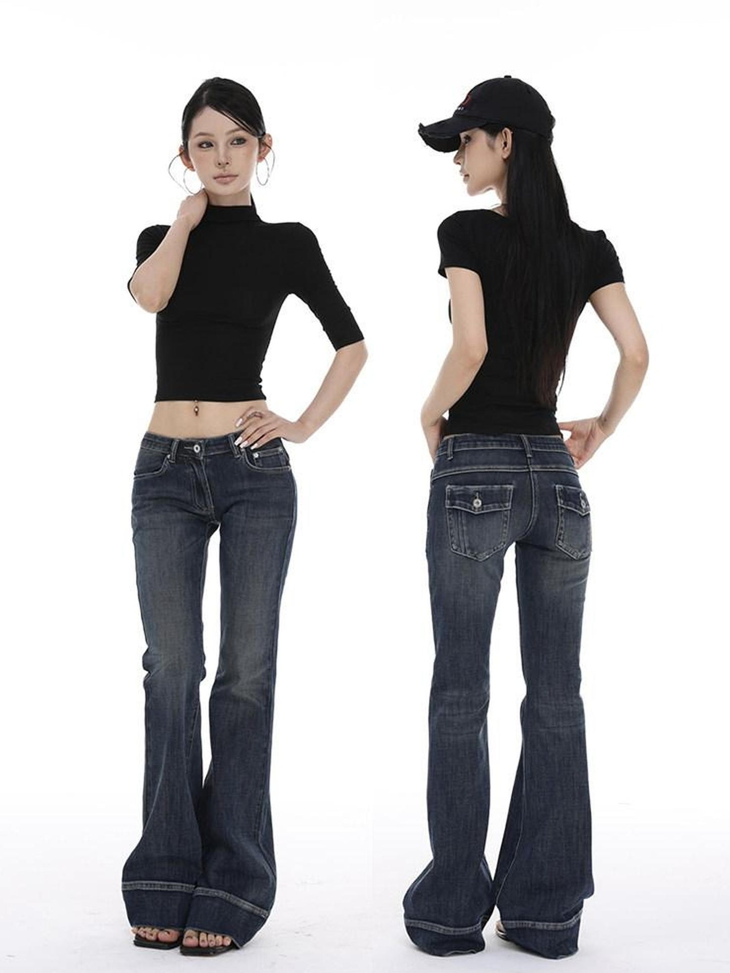 CrushOnit Slim Fit Midrise Stretch Washed Dark Denim Zip Fly Women Flared Jeans