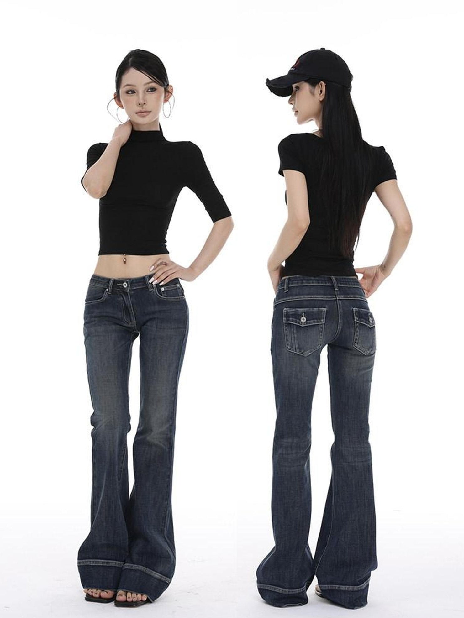 CrushOnit Slim Fit Midrise Stretch Washed Dark Denim Zip Fly Women Flared Jeans
