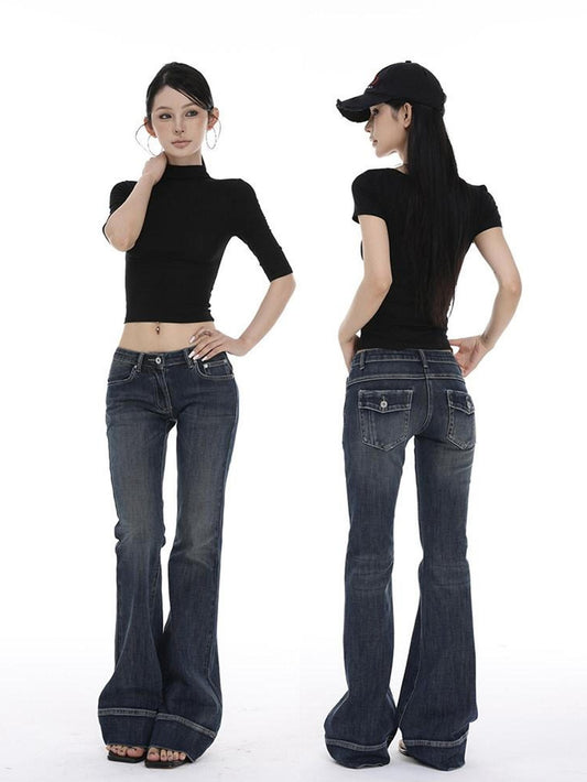 CrushOnit Slim Fit Midrise Stretch Washed Dark Denim Zip Fly Women Flared Jeans