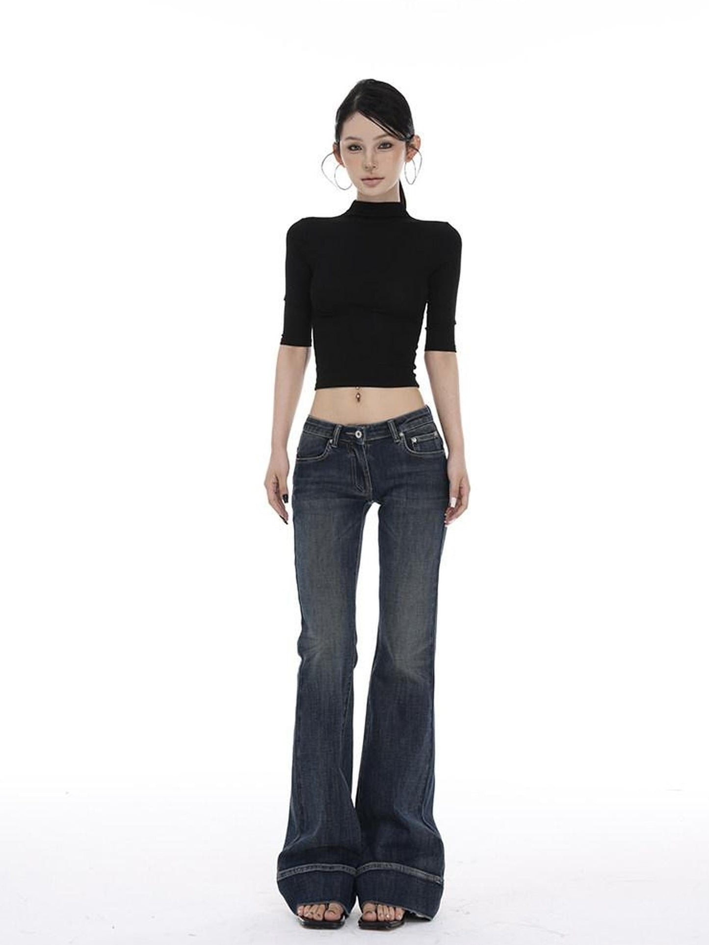 CrushOnit Slim Fit Midrise Stretch Washed Dark Denim Zip Fly Women Flared Jeans