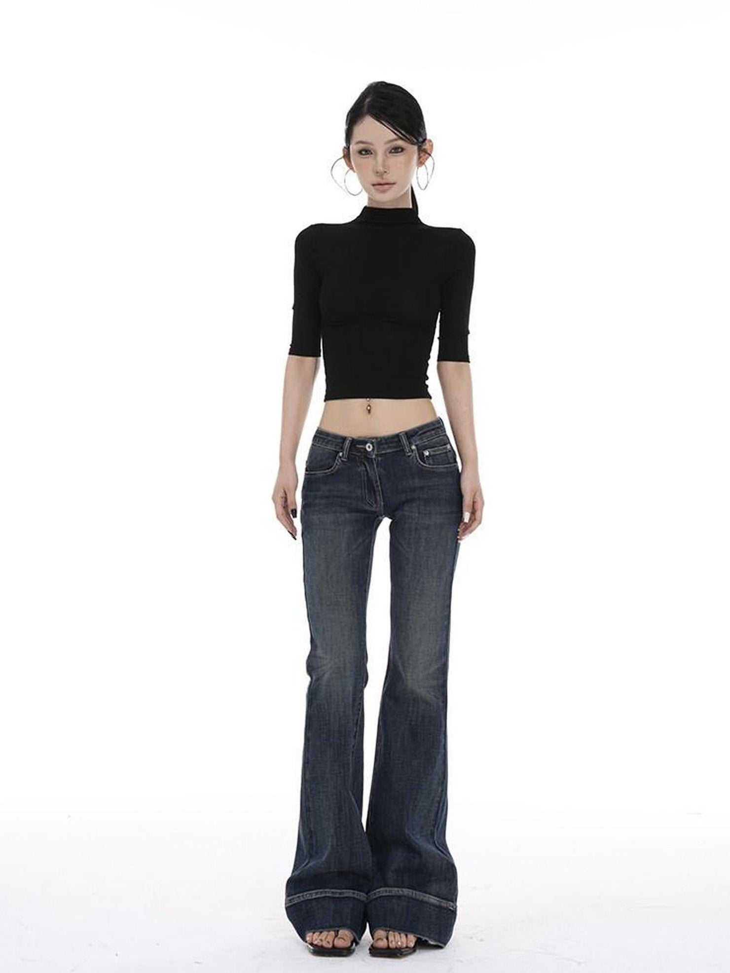 CrushOnit Slim Fit Midrise Stretch Washed Dark Denim Zip Fly Women Flared Jeans