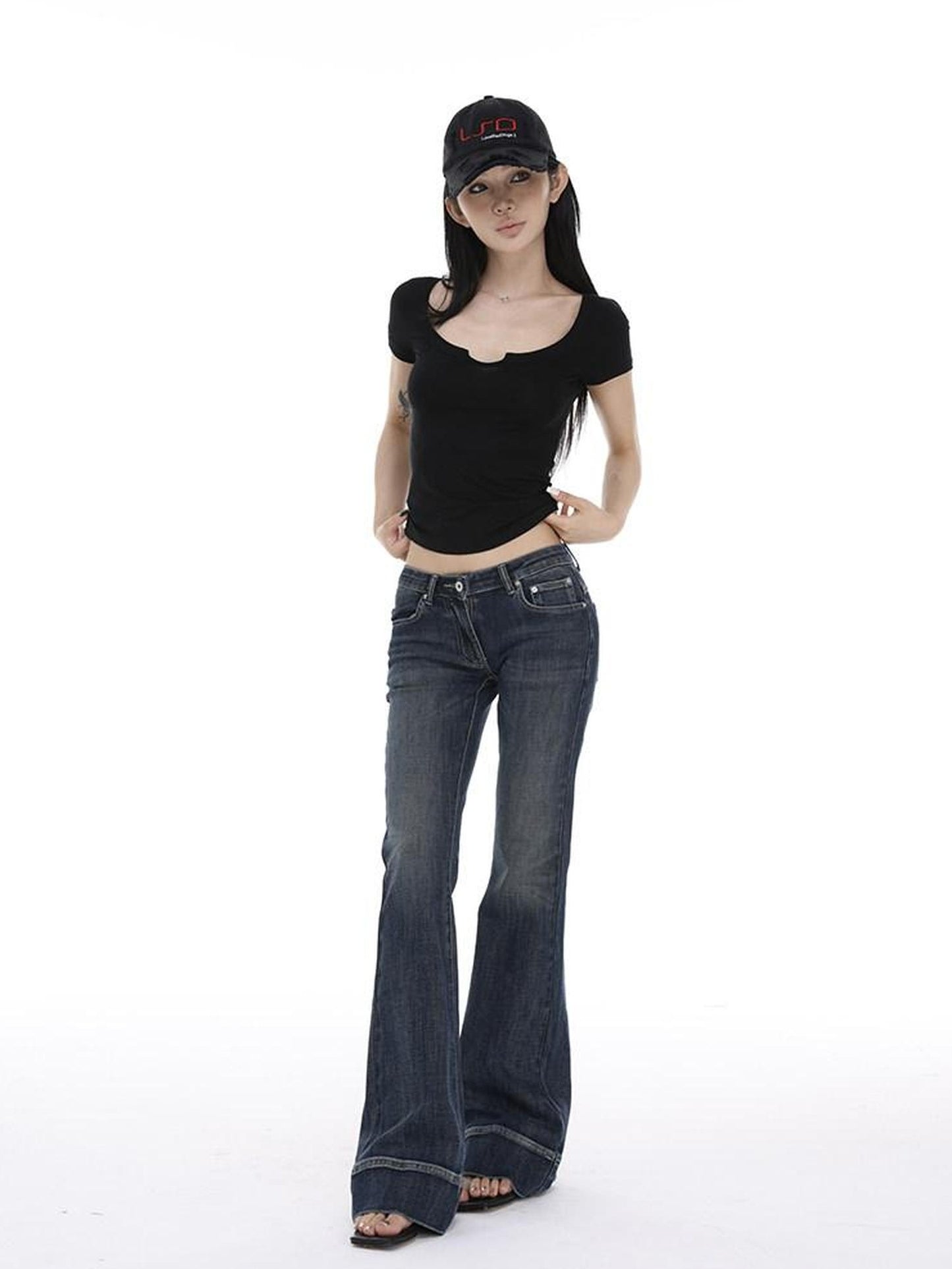 CrushOnit Slim Fit Midrise Stretch Washed Dark Denim Zip Fly Women Flared Jeans