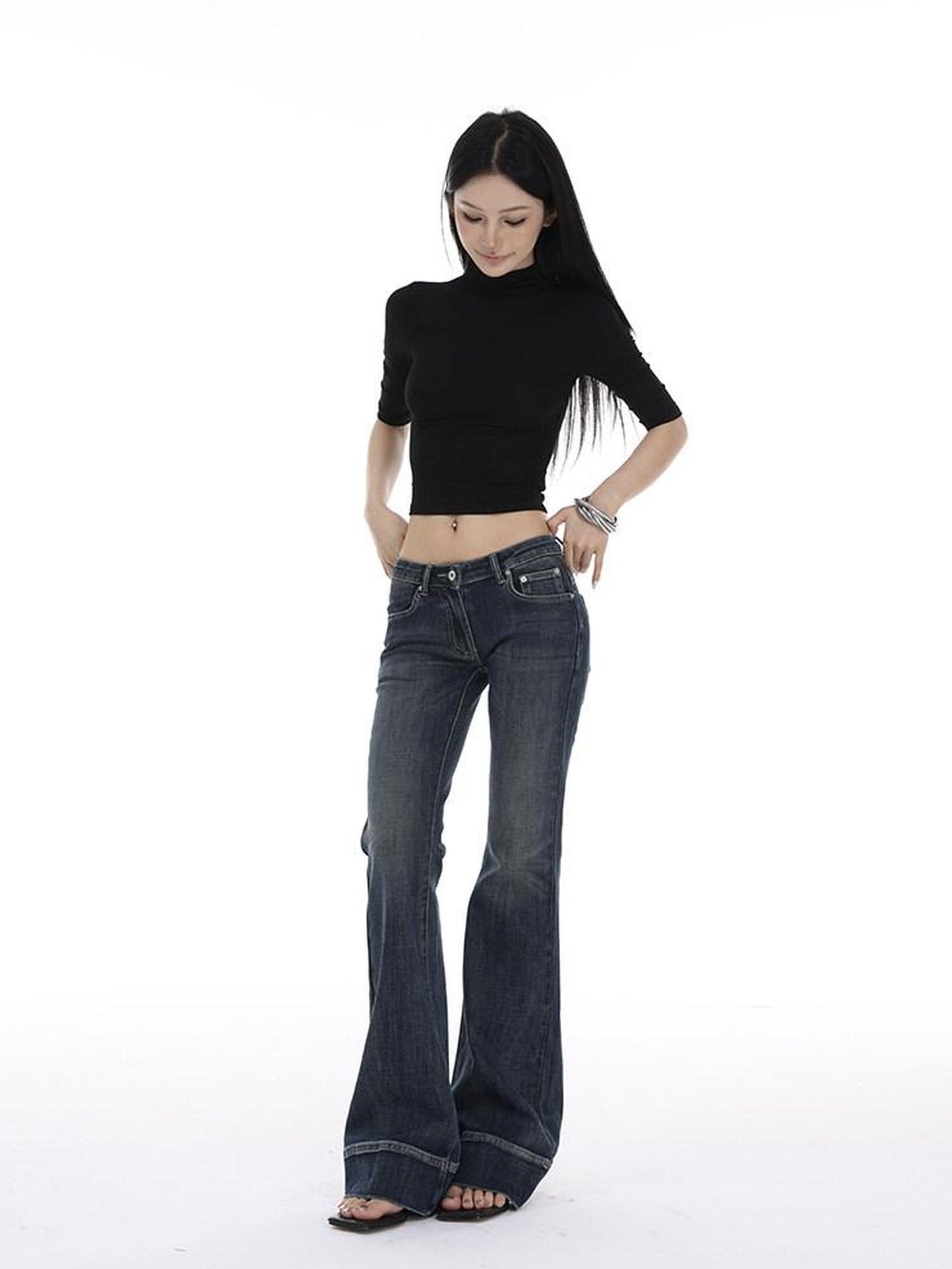 CrushOnit Slim Fit Midrise Stretch Washed Dark Denim Zip Fly Women Flared Jeans