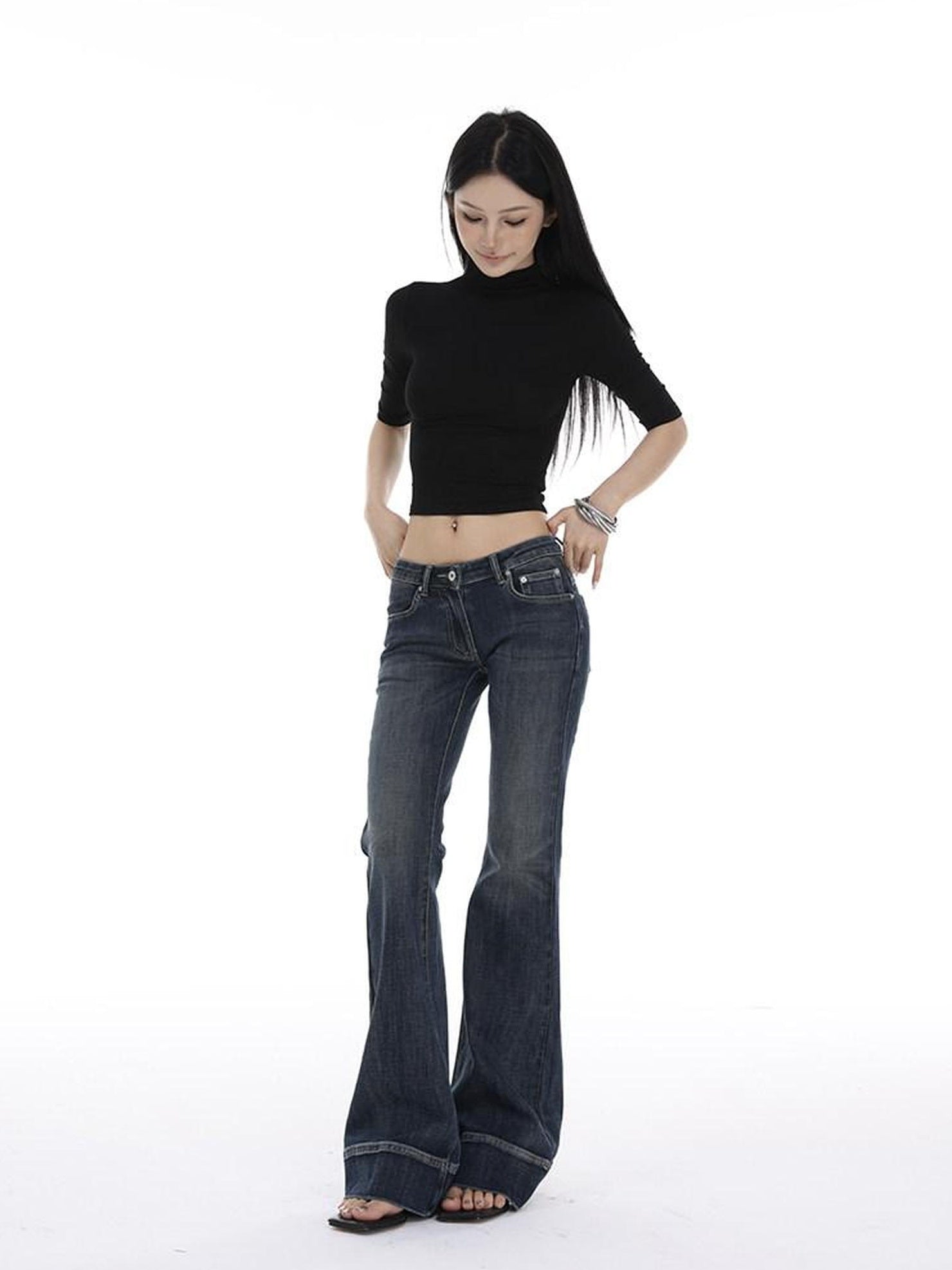 CrushOnit Slim Fit Midrise Stretch Washed Dark Denim Zip Fly Women Flared Jeans