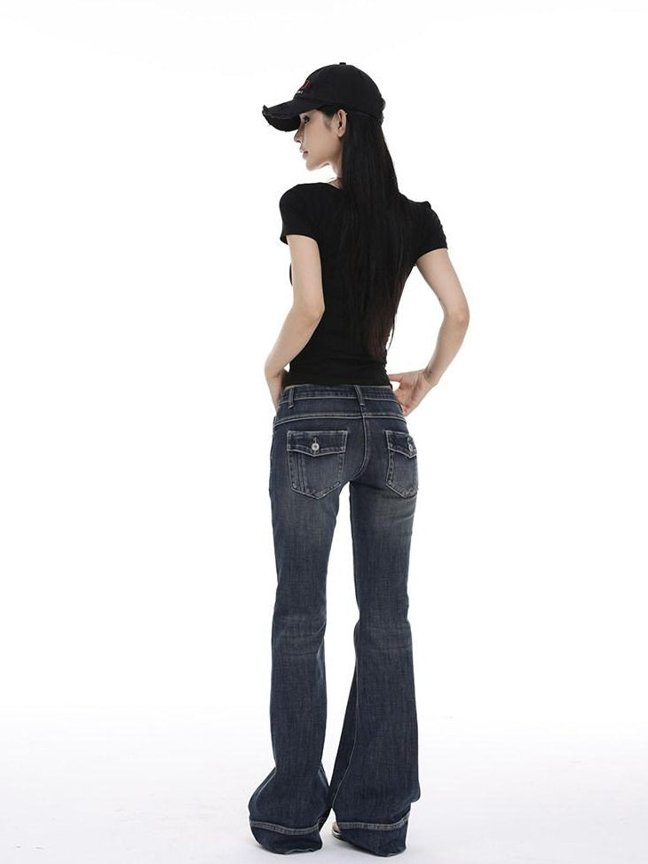 CrushOnit Slim Fit Midrise Stretch Washed Dark Denim Zip Fly Women Flared Jeans