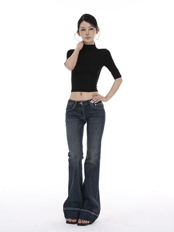 CrushOnit Slim Fit Midrise Stretch Washed Dark Denim Zip Fly Women Flared Jeans