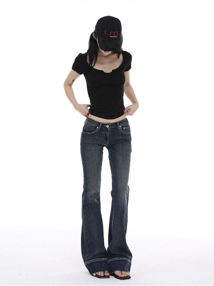 CrushOnit Slim Fit Midrise Stretch Washed Dark Denim Zip Fly Women Flared Jeans