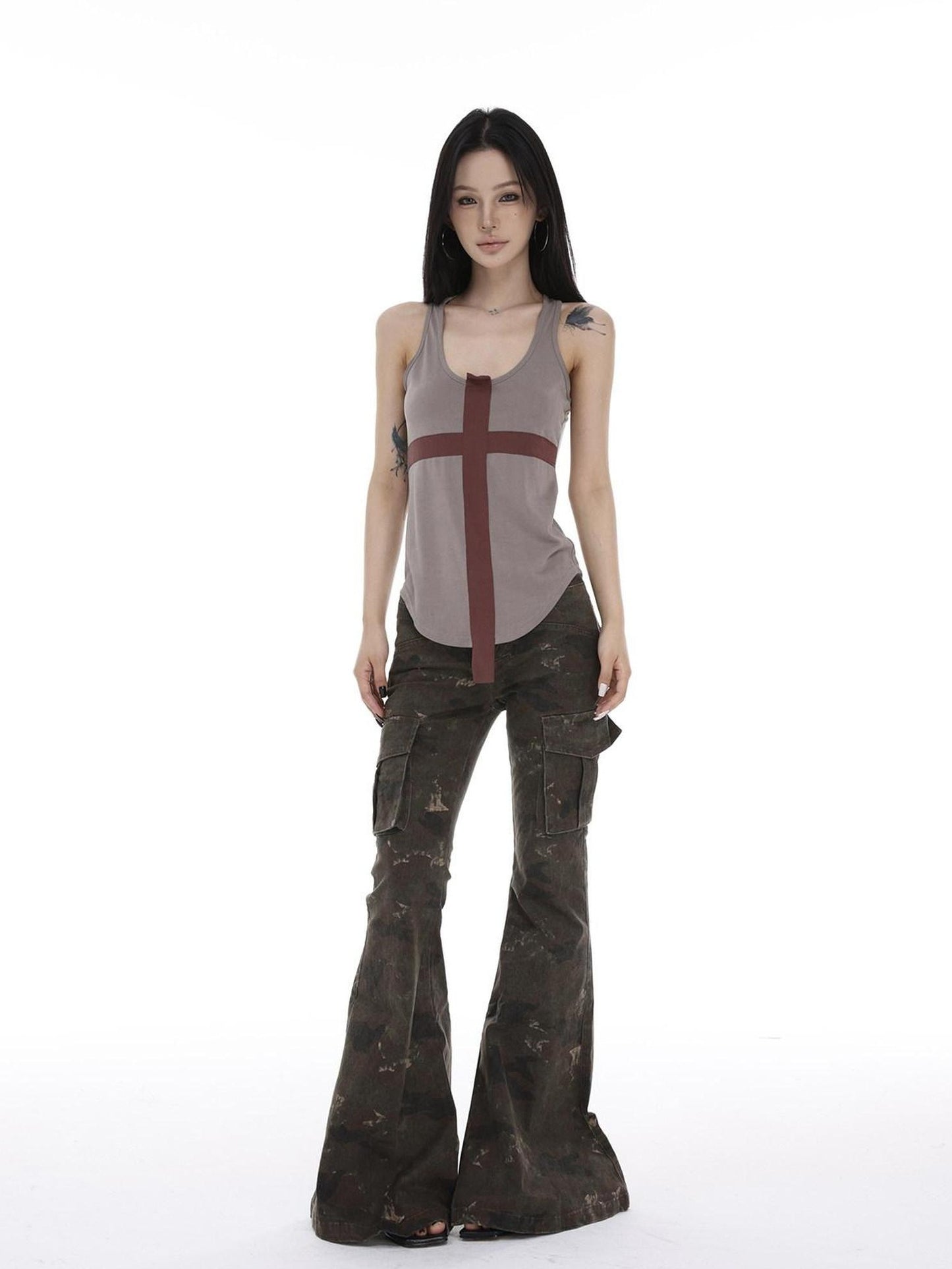 CrushOnit Slim Fit Streetwear Patchwork Gray Red Cupro Fabric Women Tank Tops