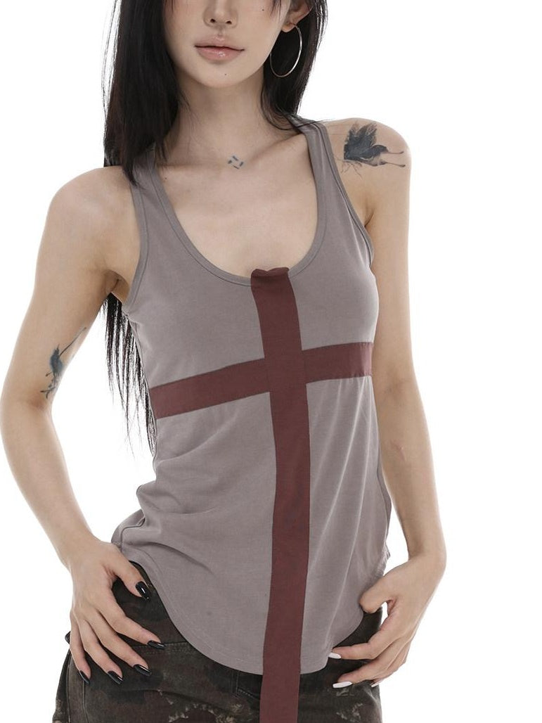 CrushOnit Slim Fit Streetwear Patchwork Gray Red Cupro Fabric Women Tank Tops