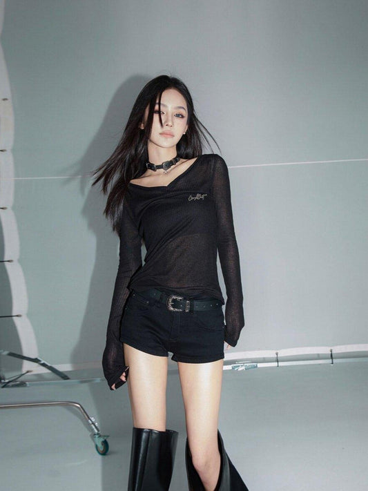CrushOnit Slim Waist V-neck Office Minimal Ladies Cotton Blend Black Long Sleeve T-Shirts