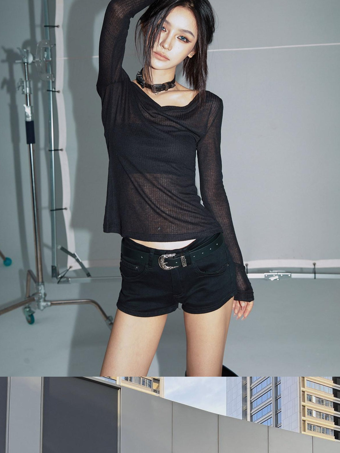 CrushOnit Slim Waist V-neck Office Minimal Ladies Cotton Blend Black Long Sleeve T-Shirts