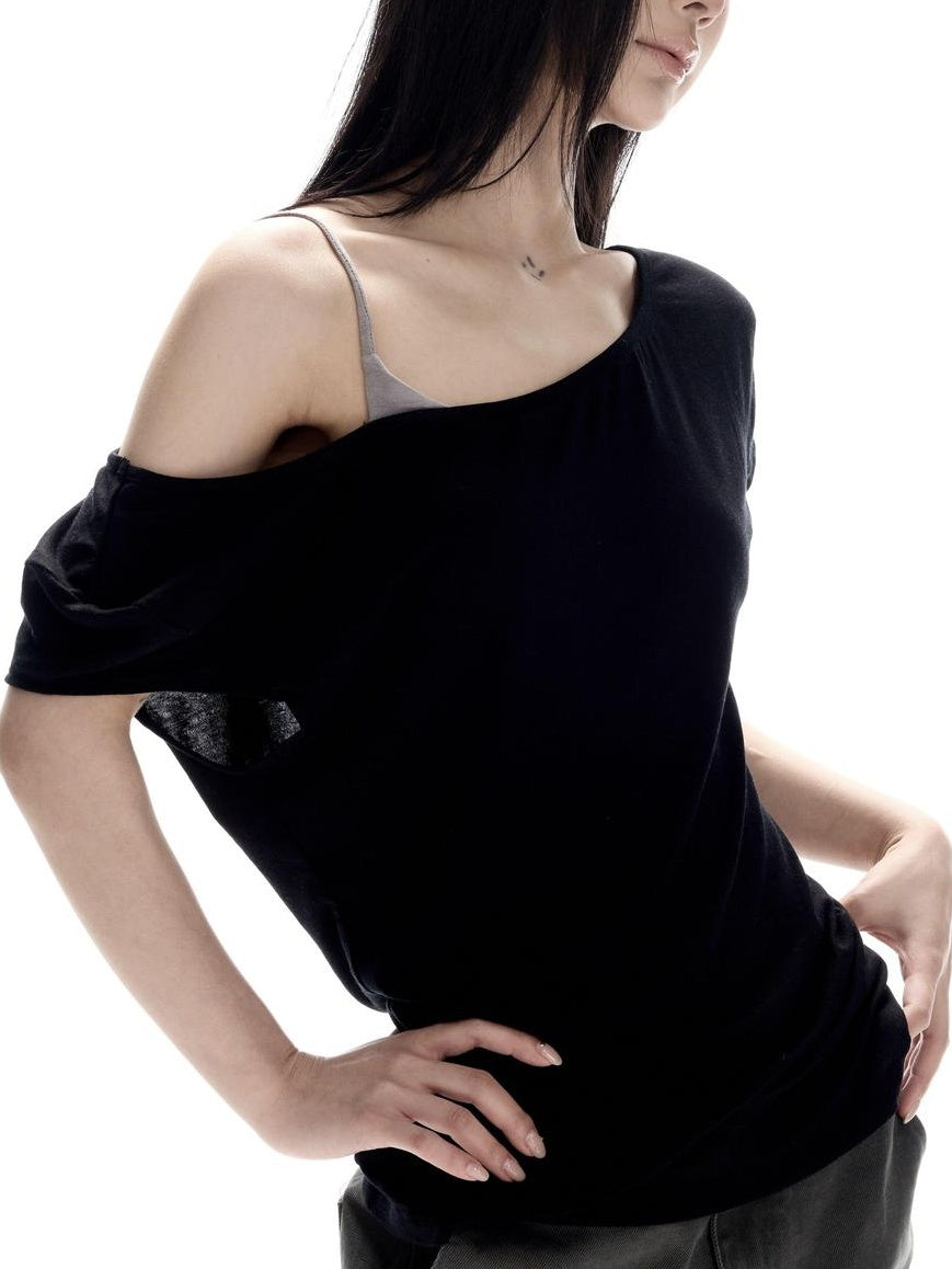 CrushOnit Soft Breathable Lyocell Wool Slim Waist Patchwork Black Short Sleeve T-Shirts