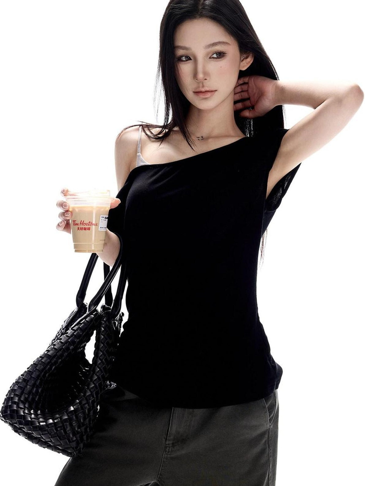 CrushOnit Soft Breathable Lyocell Wool Slim Waist Patchwork Black Short Sleeve T-Shirts