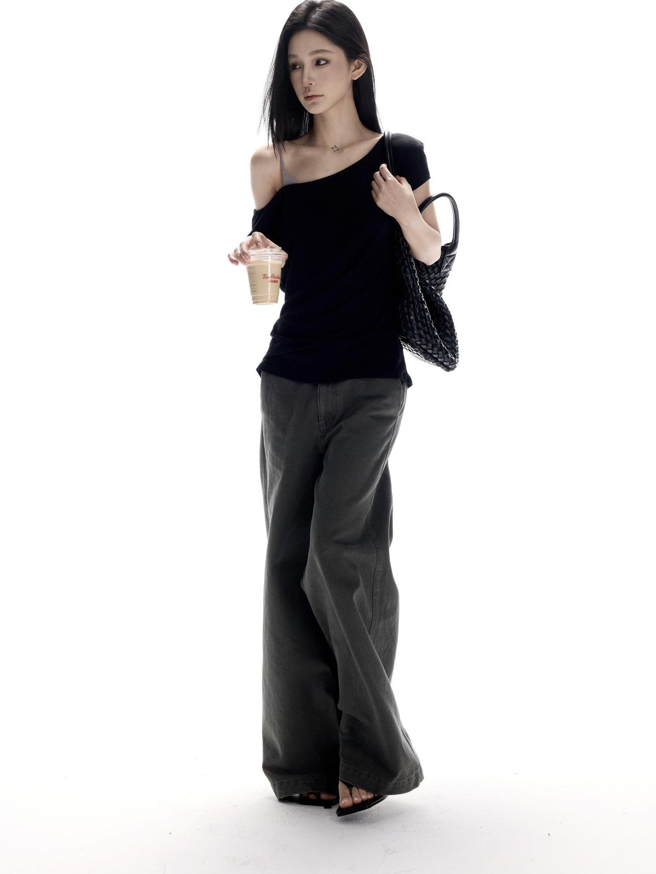 CrushOnit Soft Breathable Lyocell Wool Slim Waist Patchwork Black Short Sleeve T-Shirts