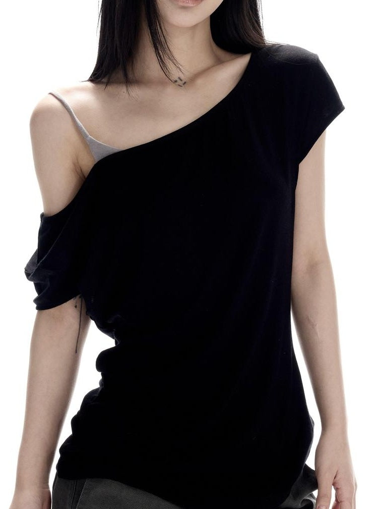 CrushOnit Soft Breathable Lyocell Wool Slim Waist Patchwork Black Short Sleeve T-Shirts