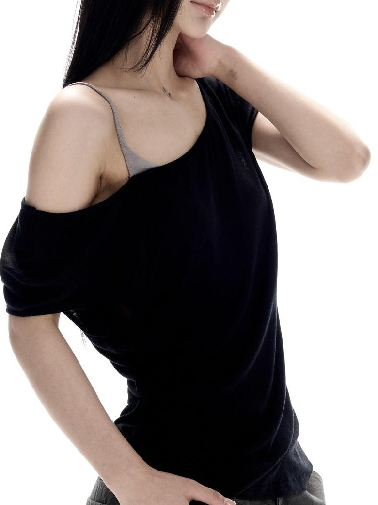 CrushOnit Soft Breathable Lyocell Wool Slim Waist Patchwork Black Short Sleeve T-Shirts