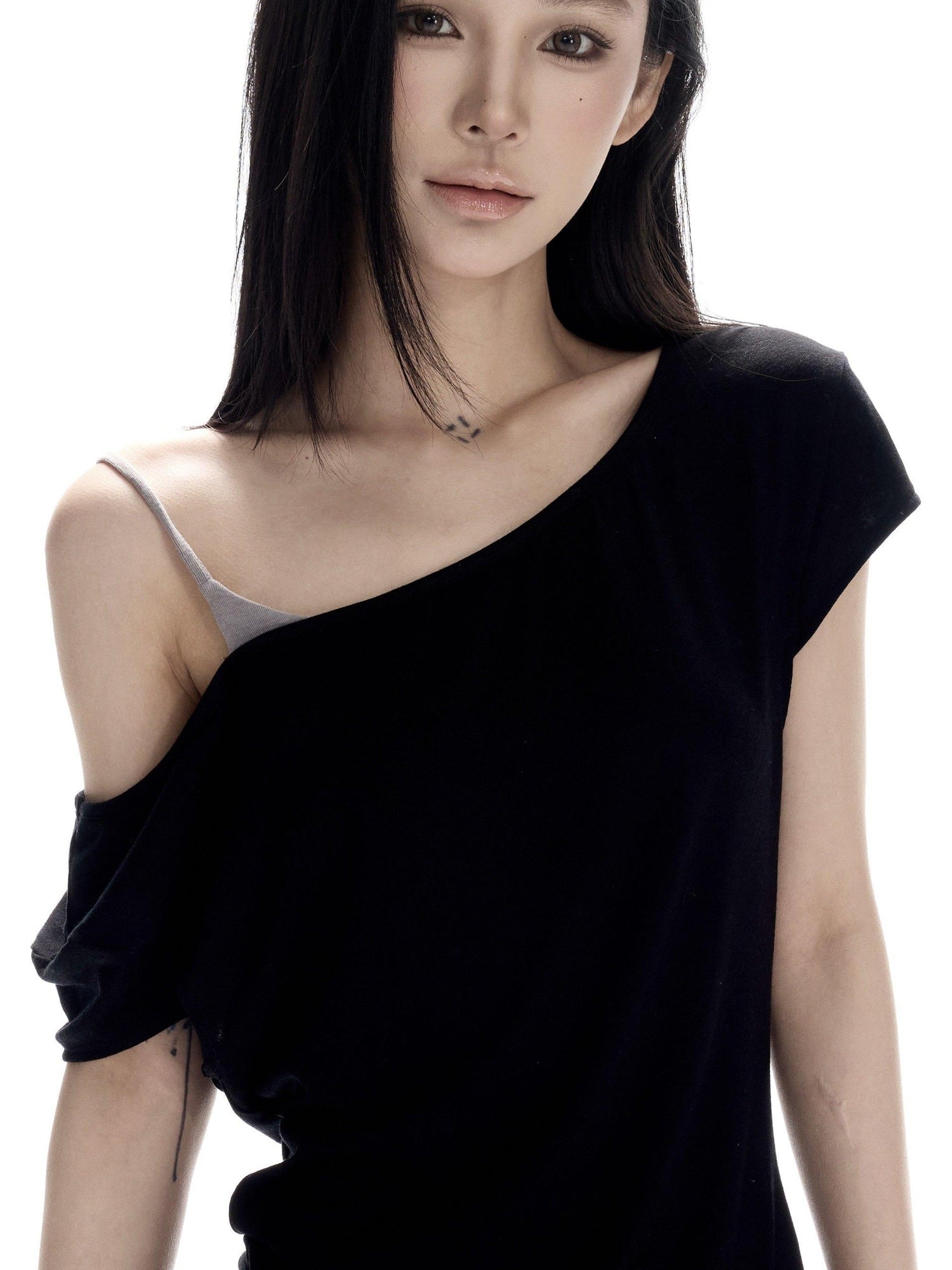 CrushOnit Soft Breathable Lyocell Wool Slim Waist Patchwork Black Short Sleeve T-Shirts