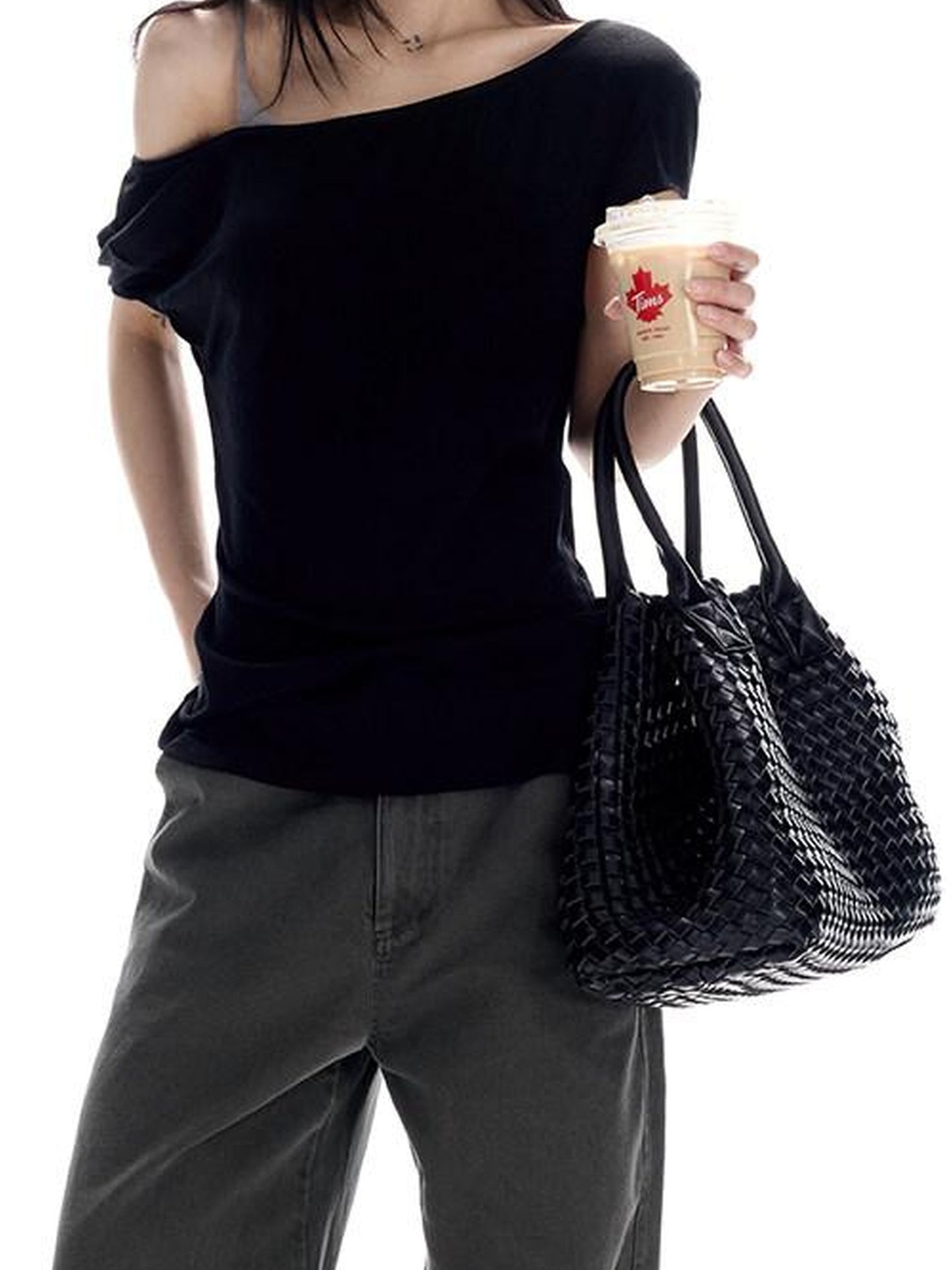 CrushOnit Soft Breathable Lyocell Wool Slim Waist Patchwork Black Short Sleeve T-Shirts